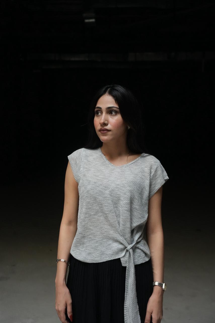 Serene Side-Tie Textured Knit Top - Light Grey