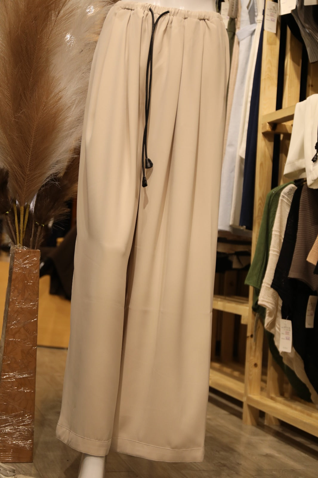 Taupe Pleated Wide-Leg Palazzo Trousers