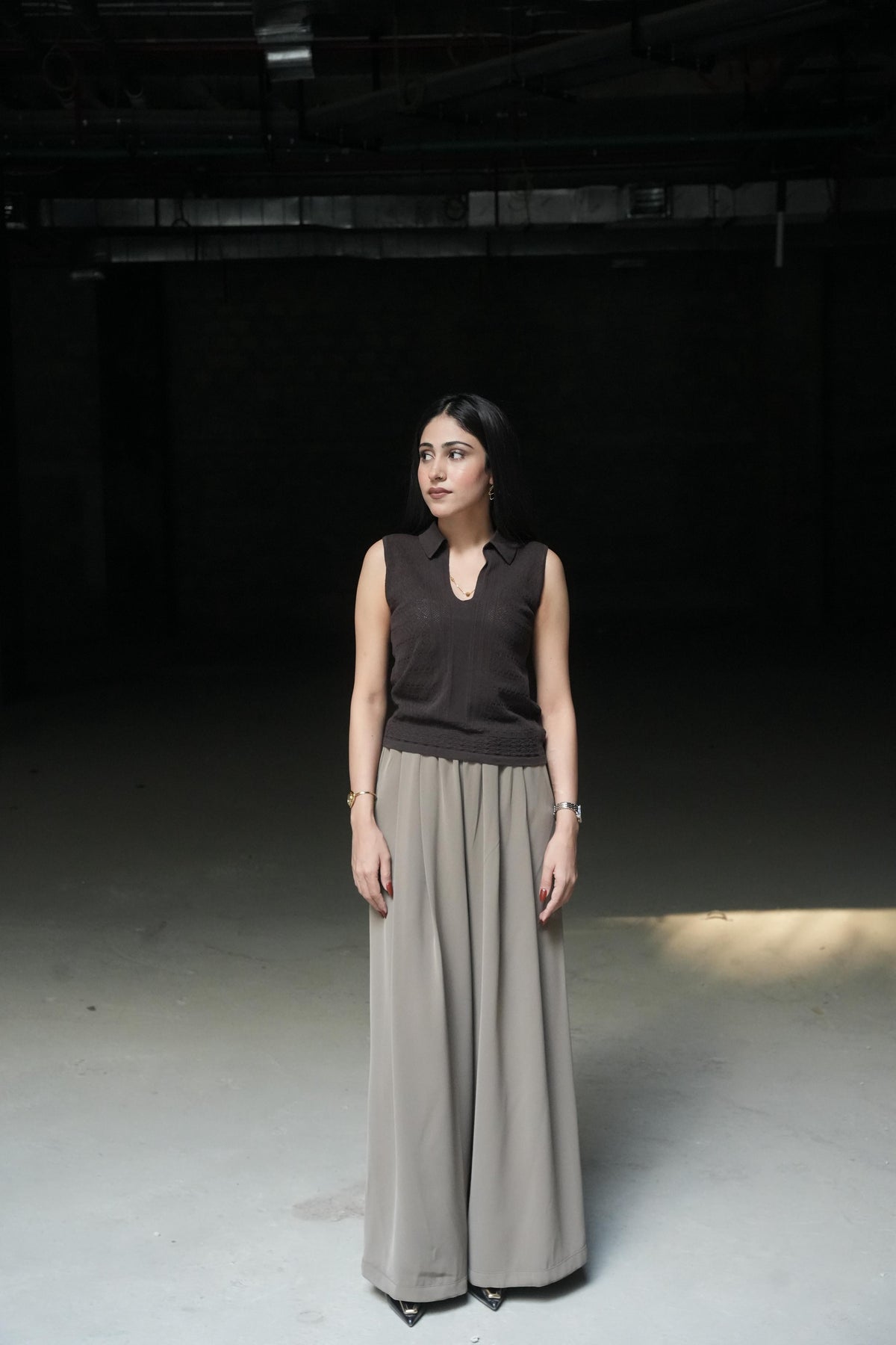 Taupe Pleated Wide-Leg Palazzo Trousers