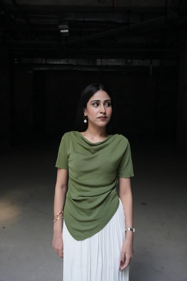Aria Draped Cowl Neck Ruched Top | Olive Green  - PEPLO