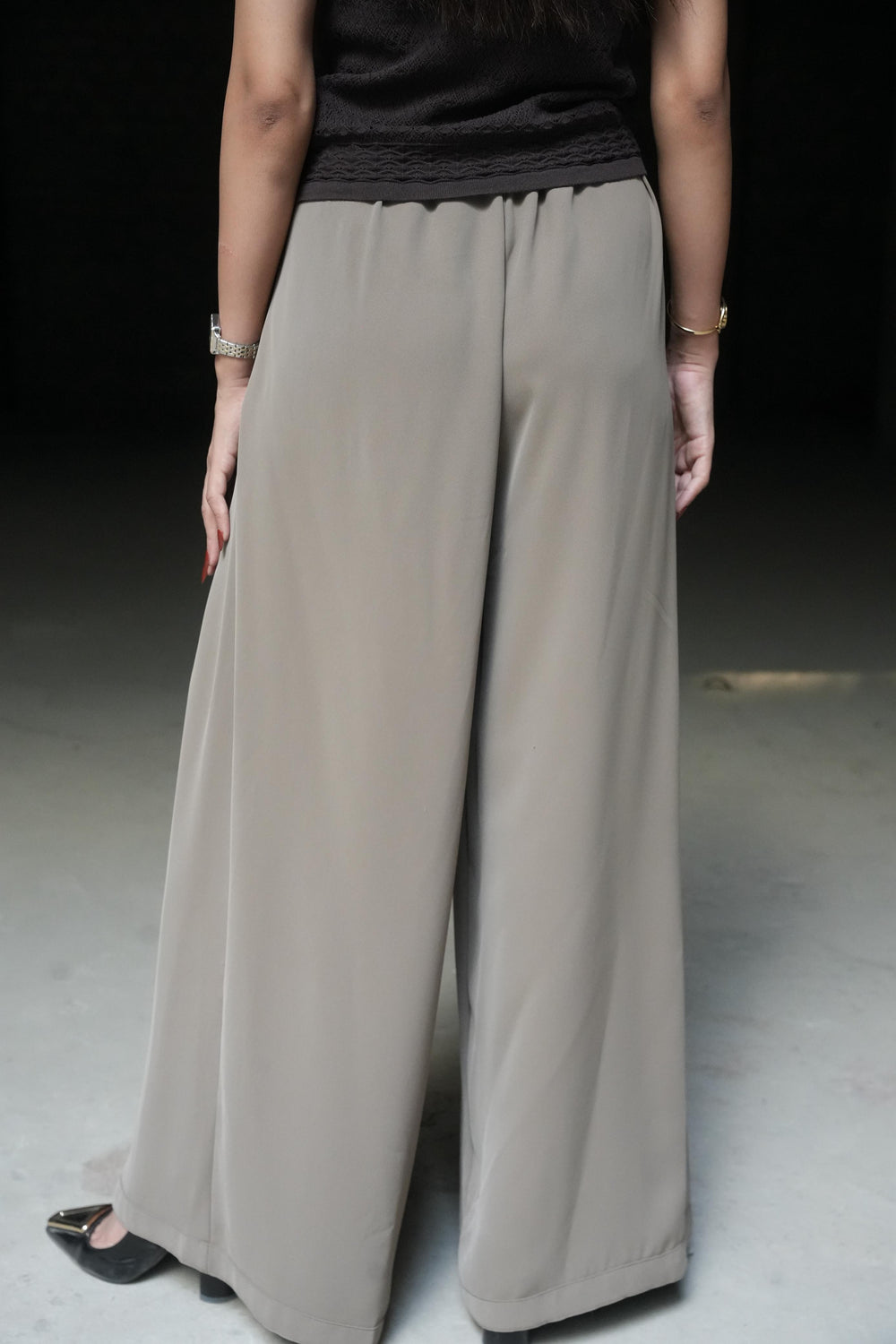 Taupe Pleated Wide-Leg Trousers