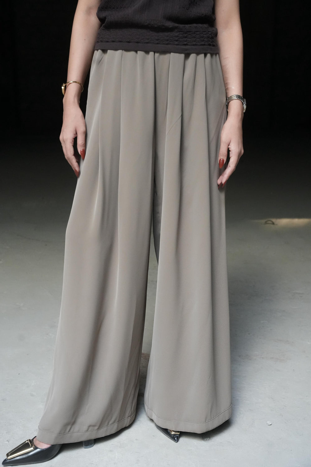 Taupe Pleated Wide-Leg Trousers