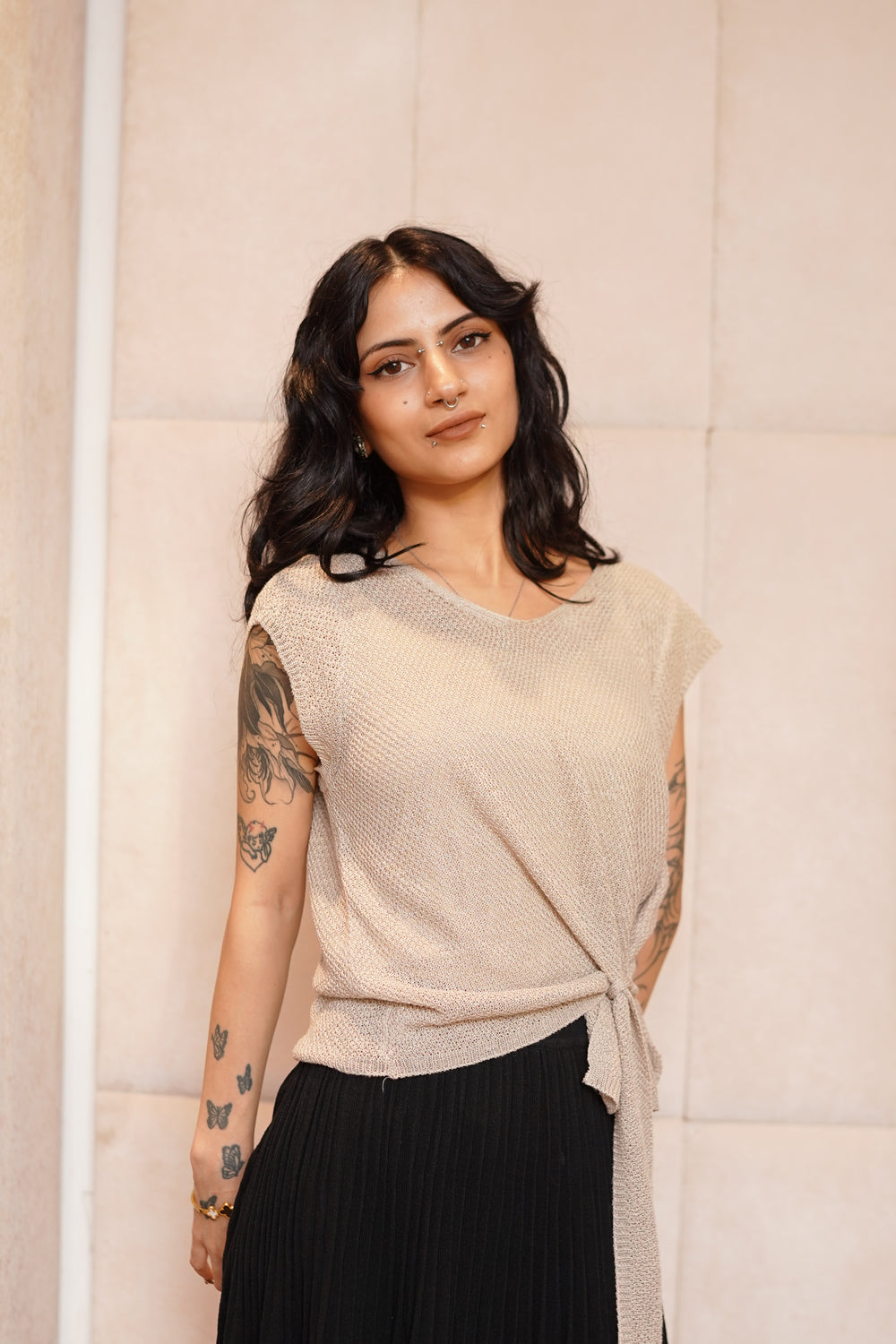 Knit Short-Sleeve Top with Side Tie