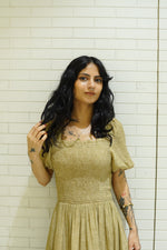 Seraphina Smocked Midi Dress – Olive Gold