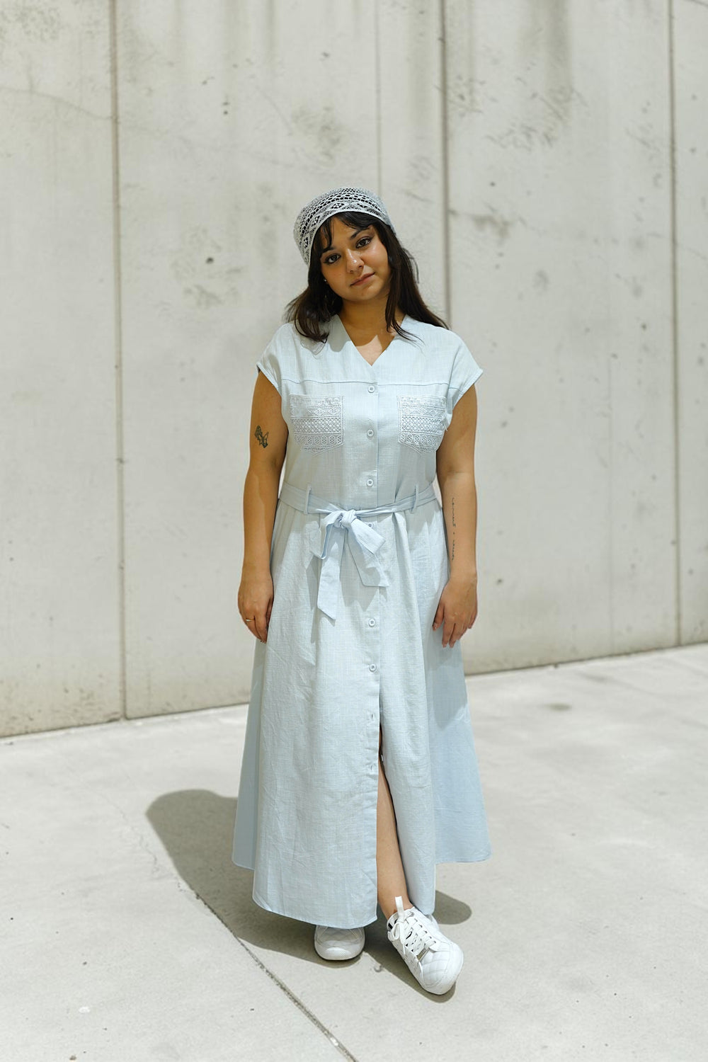 Isla Embroidered-Pocket Button-Down Dress – Blue PL-033/2