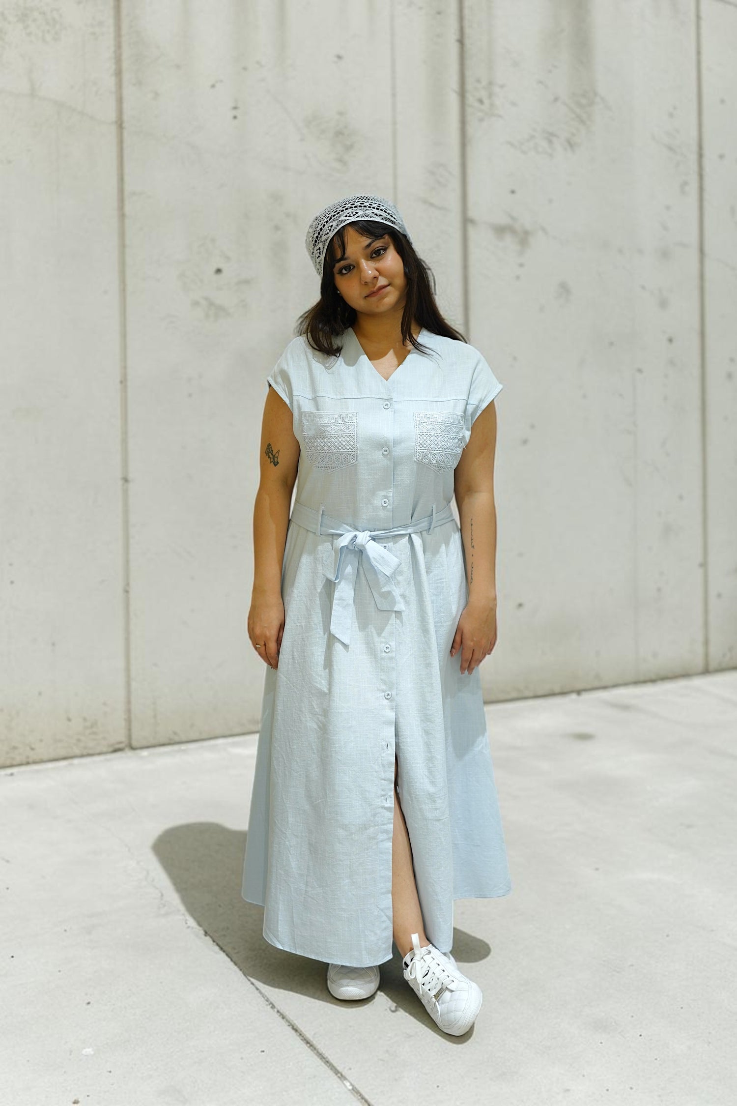 Isla Embroidered-Pocket Dress – Blue
