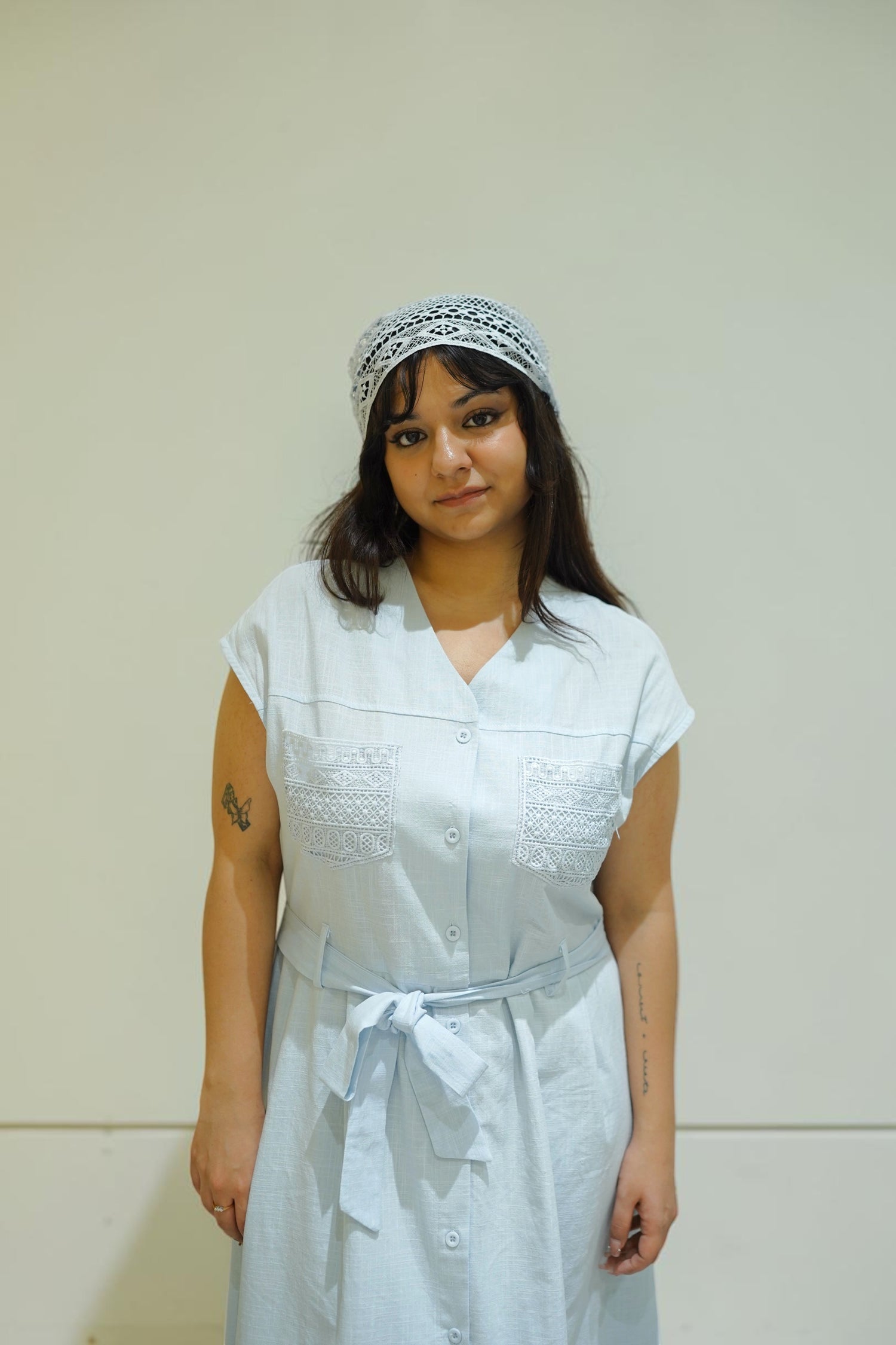 Isla Embroidered-Pocket Dress – Blue