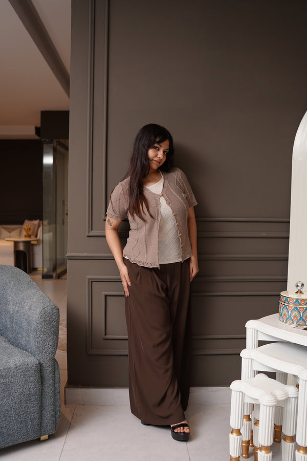 Earthy Elegance: Textured Knit Cardigan and Wide-Leg Trousers