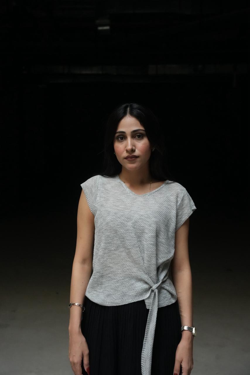 Serene Side-Tie Textured Knit Top - Light Grey