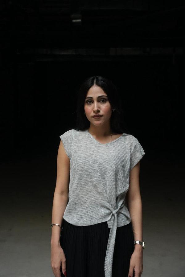 Serene Side-Tie Textured Knit Top - Light Grey