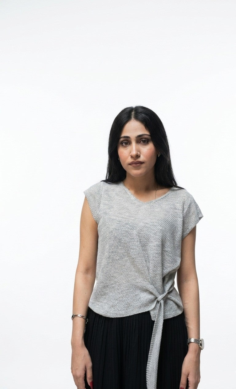Serene Side-Tie Textured Knit Top - Light Grey