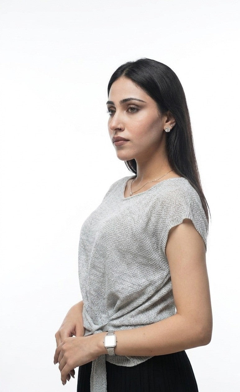 Serene Side-Tie Textured Knit Top - Light Grey