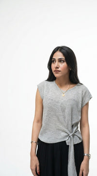 Serene Side-Tie Textured Knit Top - Light Grey
