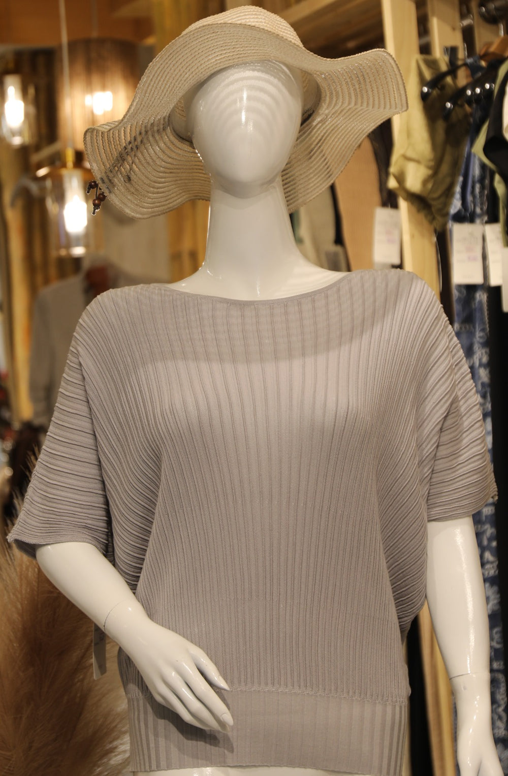 Ribbed Boat-Neck Top with Short Sleeves