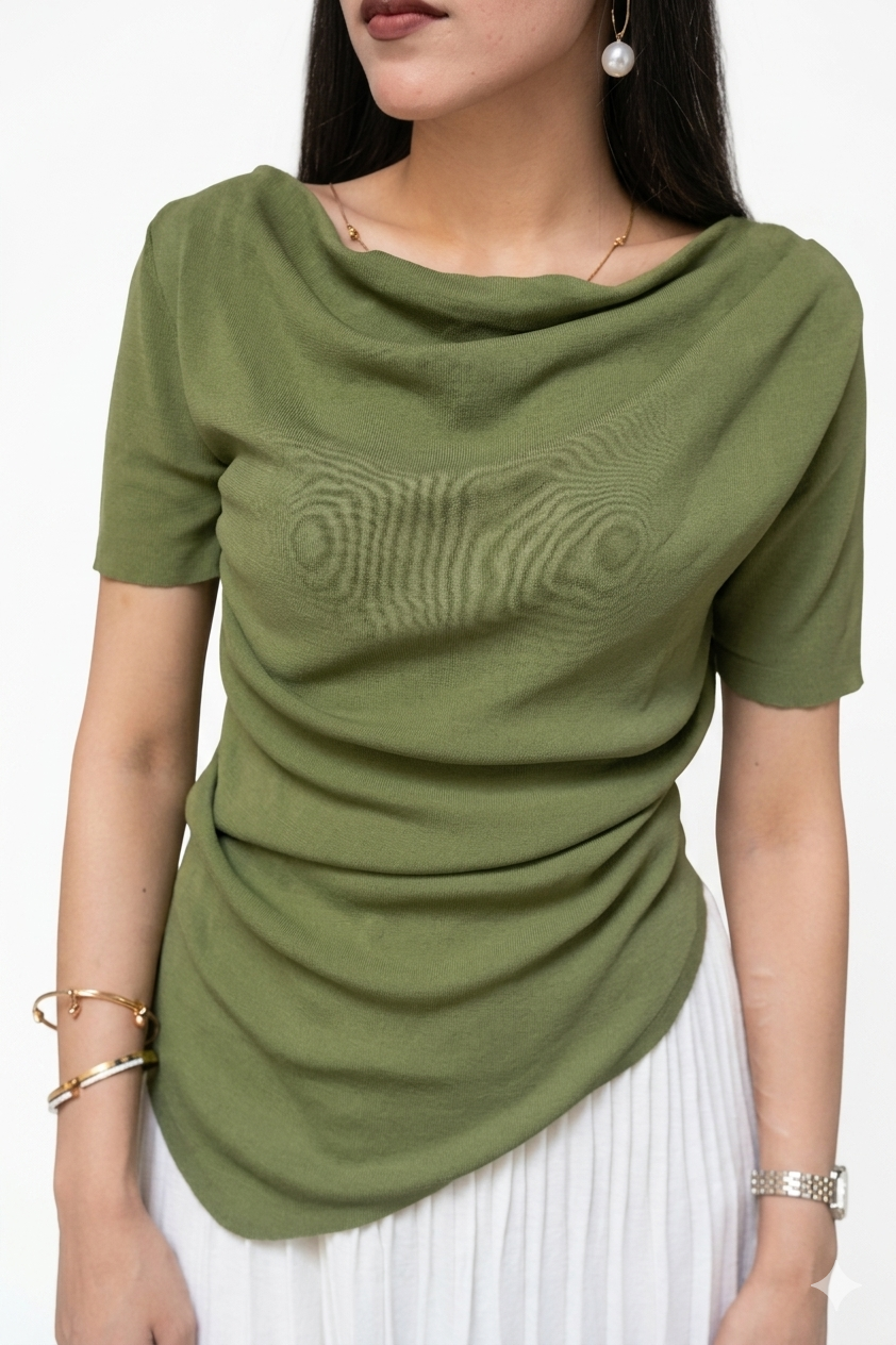 Aria Draped Cowl Neck Ruched Top | Olive Green  - PEPLO MM ALAM LAHORE