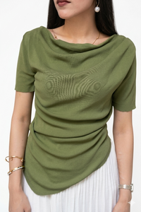 Aria Draped Cowl Neck Ruched Top | Olive Green  - PEPLO MM ALAM LAHORE
