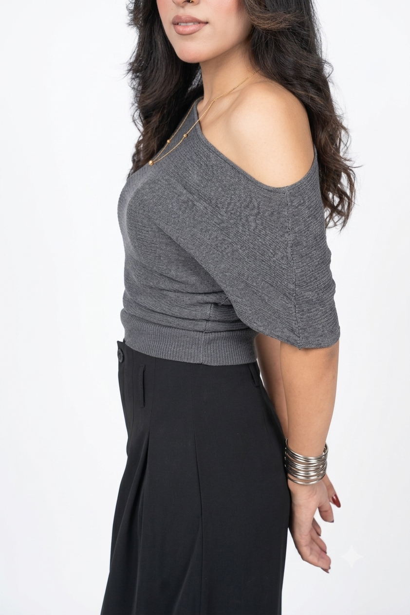 Nova Off-Shoulder Ribbed Knit Top & Tailored Trousers Set