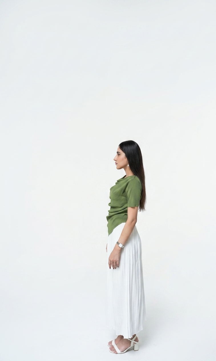 Aria Draped Cowl Neck Ruched Top | Olive Green  - PEPLO MM ALAM LAHORE