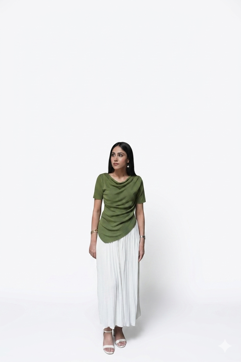 Aria Draped Cowl Neck Ruched Top | Olive Green  - PEPLO MM ALAM LAHORE